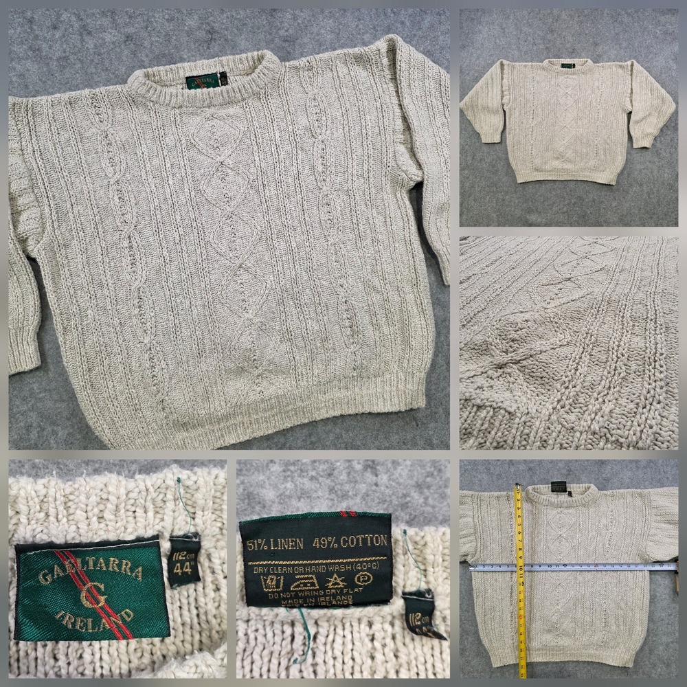 Gaeltarra Sweater Mens Large Beige Linen‎ Cable Knit Ireland Crewneck Pullover